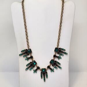 Art Deco Style Green Rhinestone Statement Necklace Gold Tone Costume Jewelry